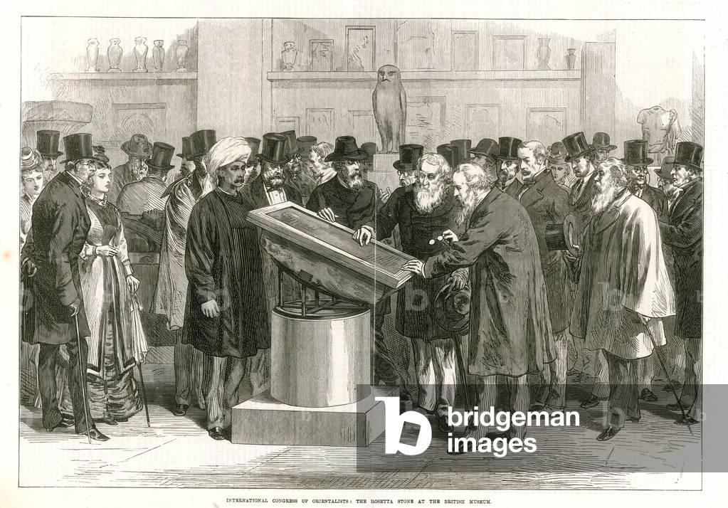 International Congress of Orientalist Examining the Rosetta Stone at the British Museum (engraving)