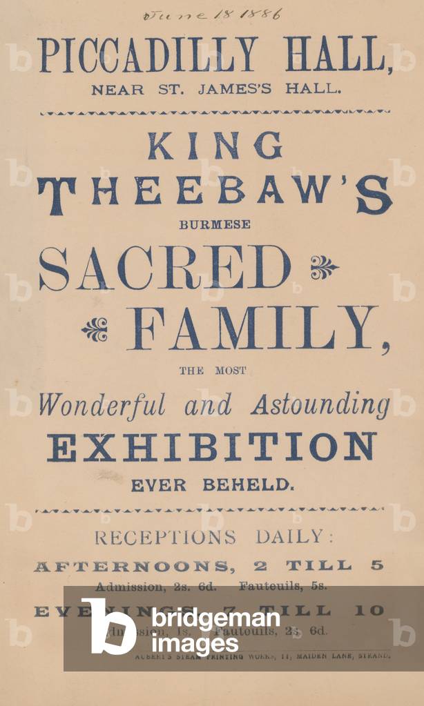 Advertisement for King Theebaw's Burmese Sacred Family (engraving)