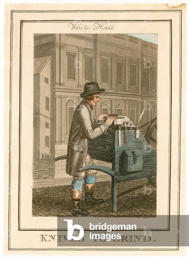 White Hall.  Knives to Grind (coloured engraving)