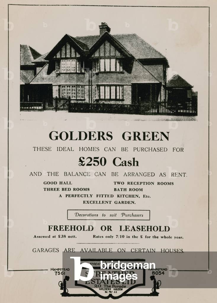 Advert for the purhcase of a house in Golders Green (engraving)