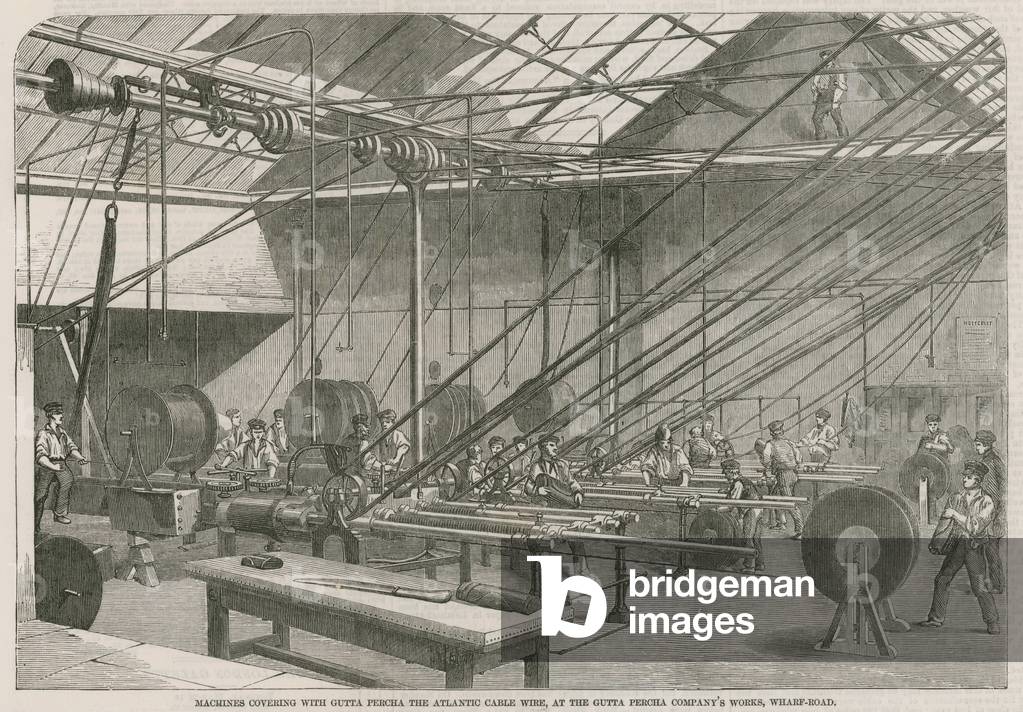 Machines covering with Gutta Percha the Atlantic Cable wire (engraving)