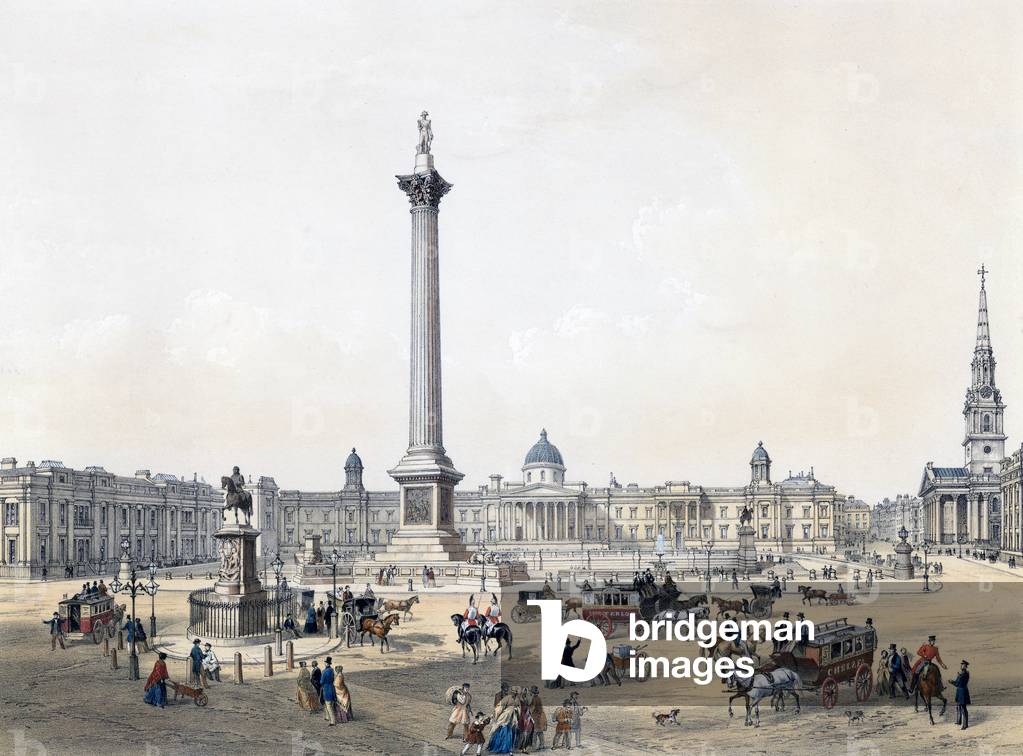 Trafalgar Square with the National Gallery and St Martin's Church  (coloured engraving)