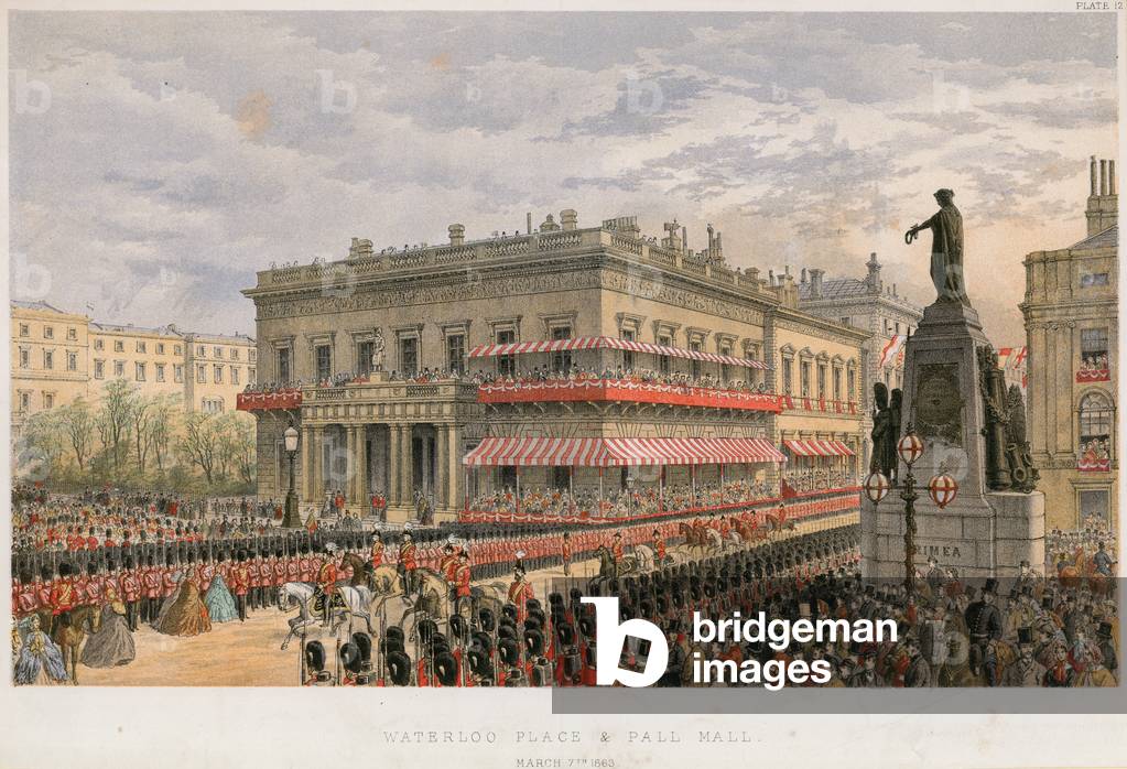 Waterloo Place and Pall Mall (coloured engraving)