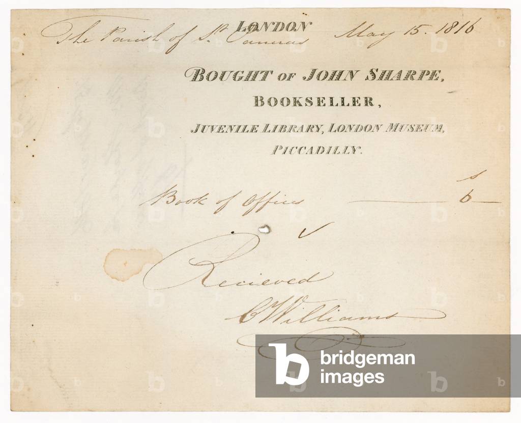 Receipt from John Sharpe, Bookseller, Juvenile Library, London Museum, Piccadilly, London (engraving)