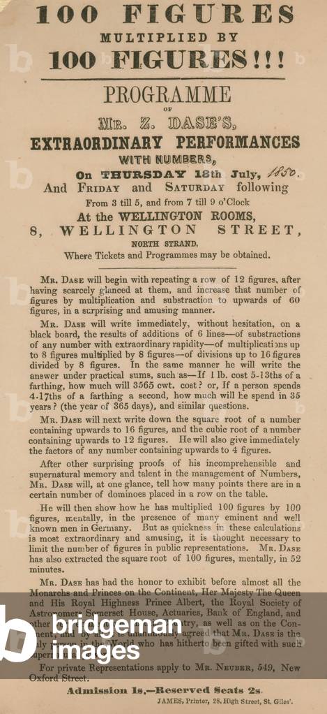 Advert for an appearance by Mr Zacharias Dase (engraving)