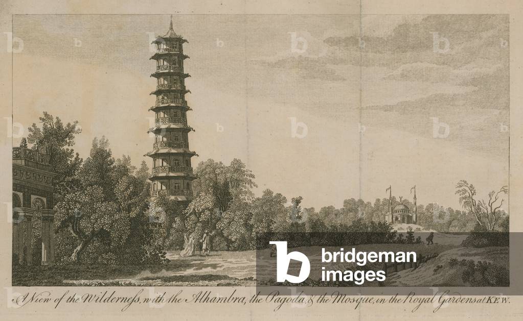 A view of the wilderness with the Alhambra, the Pagoda and the Mosque in the Royal Gardens at Kew (engraving)