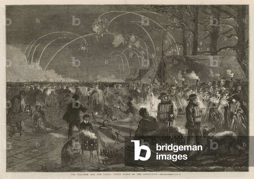 The weather and the parks: night scene on the Serpentine (engraving)