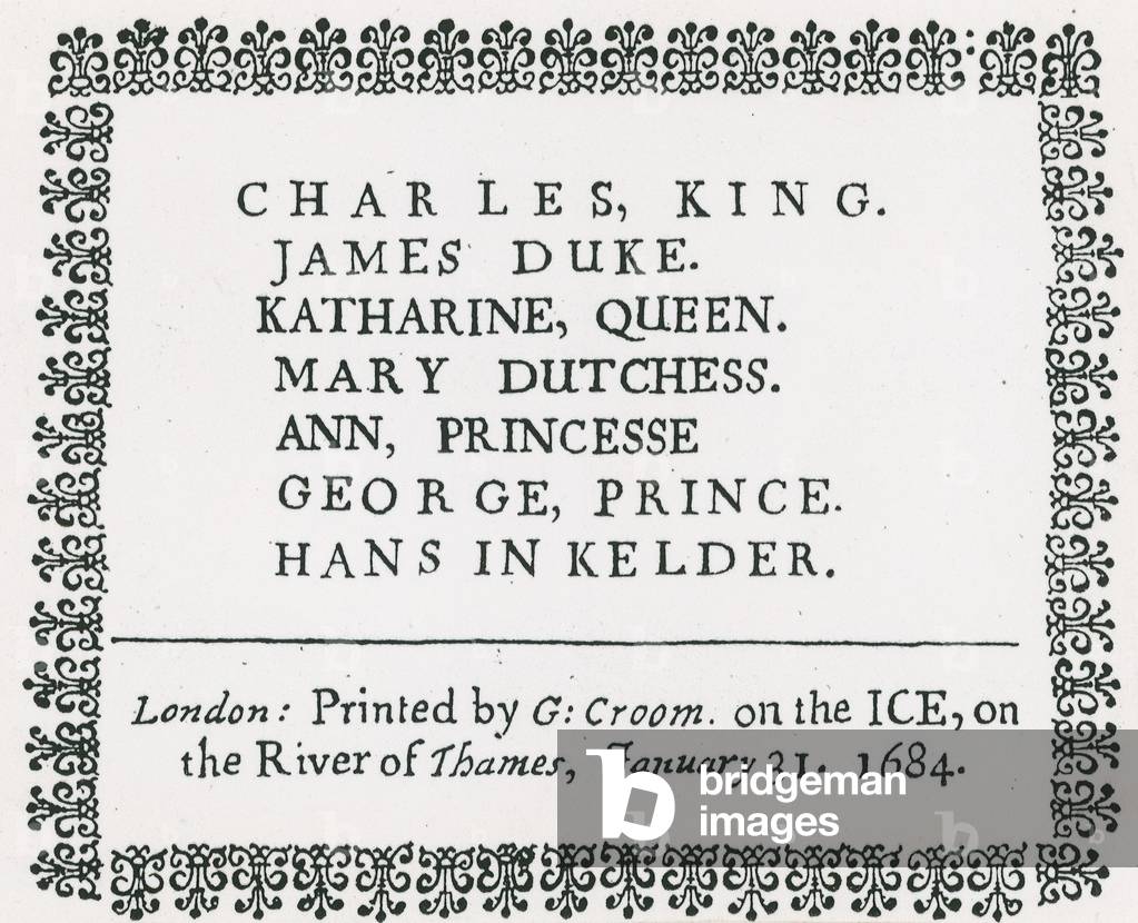 Frost Fair on the Thames, Printed Souvenir for King Charles II and Family, 1684 (engraving)