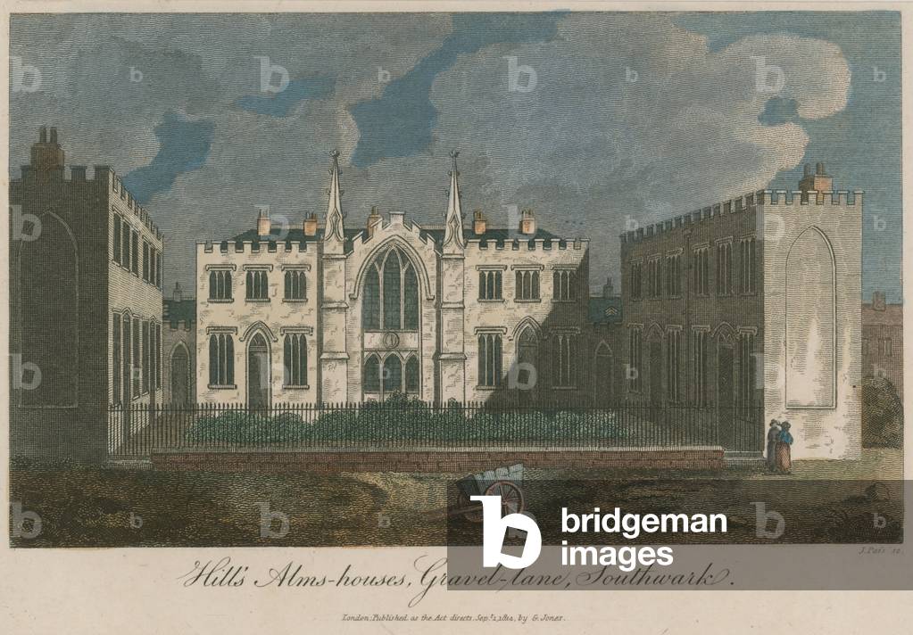 Hill's Alms Houses on Gravel Lane (coloured engraving)