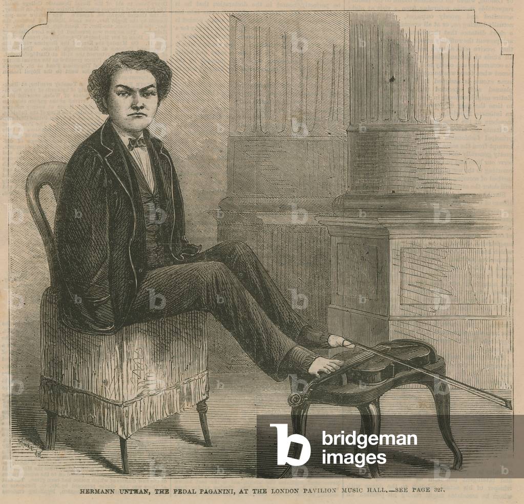 Hermann Untman, the pedal Paganini, at the London Pavilion Music Hall (engraving)