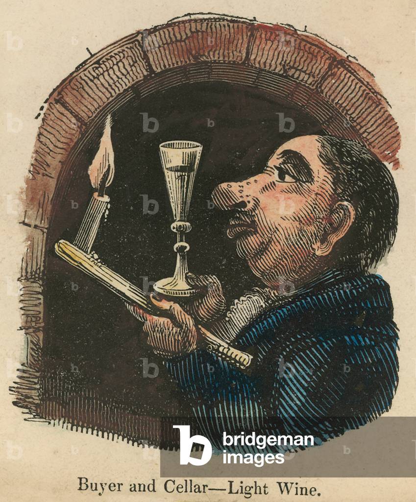 Buyer and cellar; cartoon (coloured engraving)