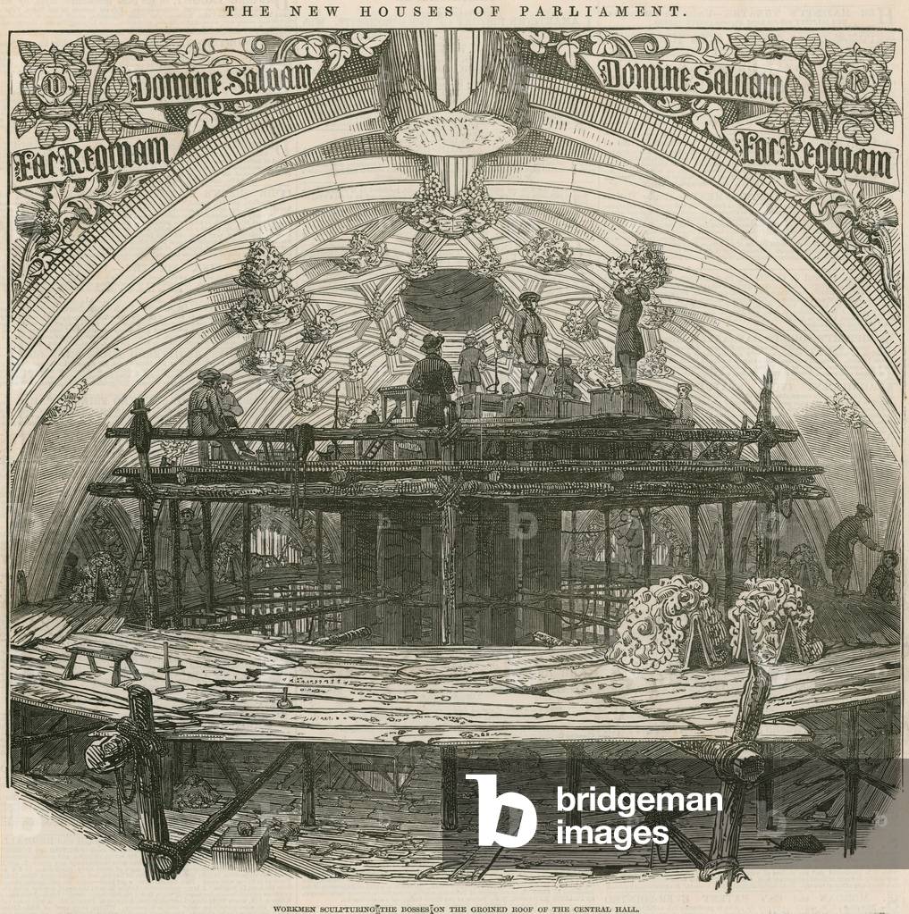 Workmen sculpturing the bosses on the groined roof of the central hall (engraving)