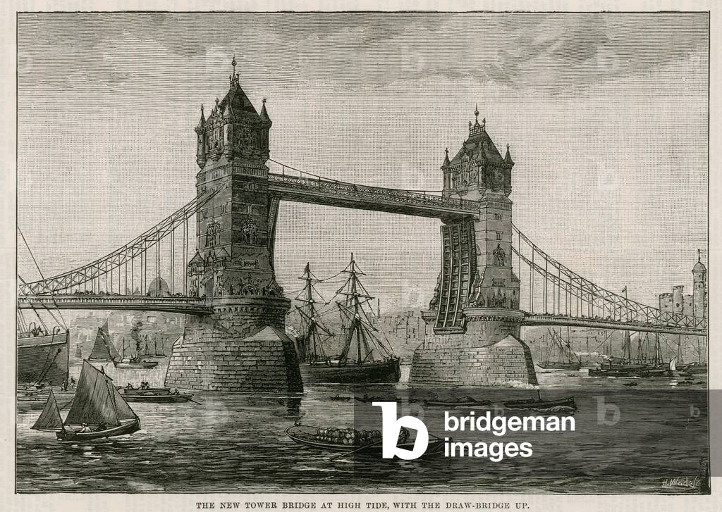 Tower Bridge at High Tide, with the drawbridge up (engraving)