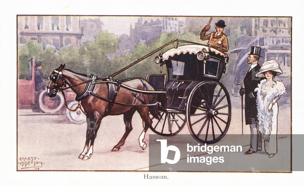 Hansom Cab (colour litho)