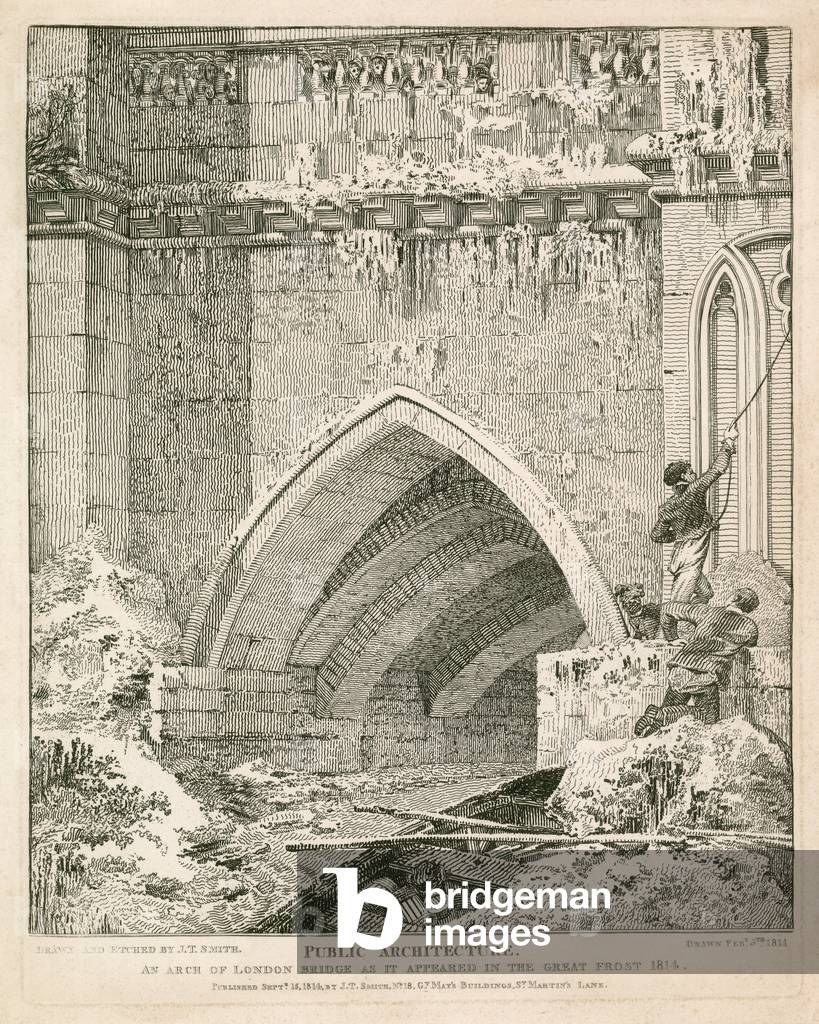 An arch of old London Bridge as it appeared in the Great Frost, 1814 (engraving)