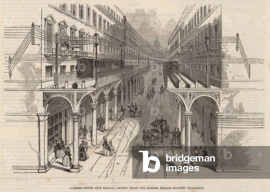A street fitted with railway omnibus trains and electric message delivery telegraphs (engraving)