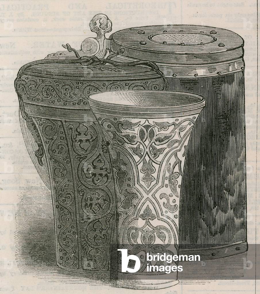 Drinking vessels: 'The Luck of Eden Hall,' with leather case for same, and a peg tankard of wood (engraving)