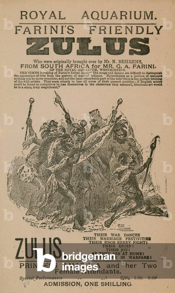 Advertisement for Farini's Friendly Zulus (engraving)