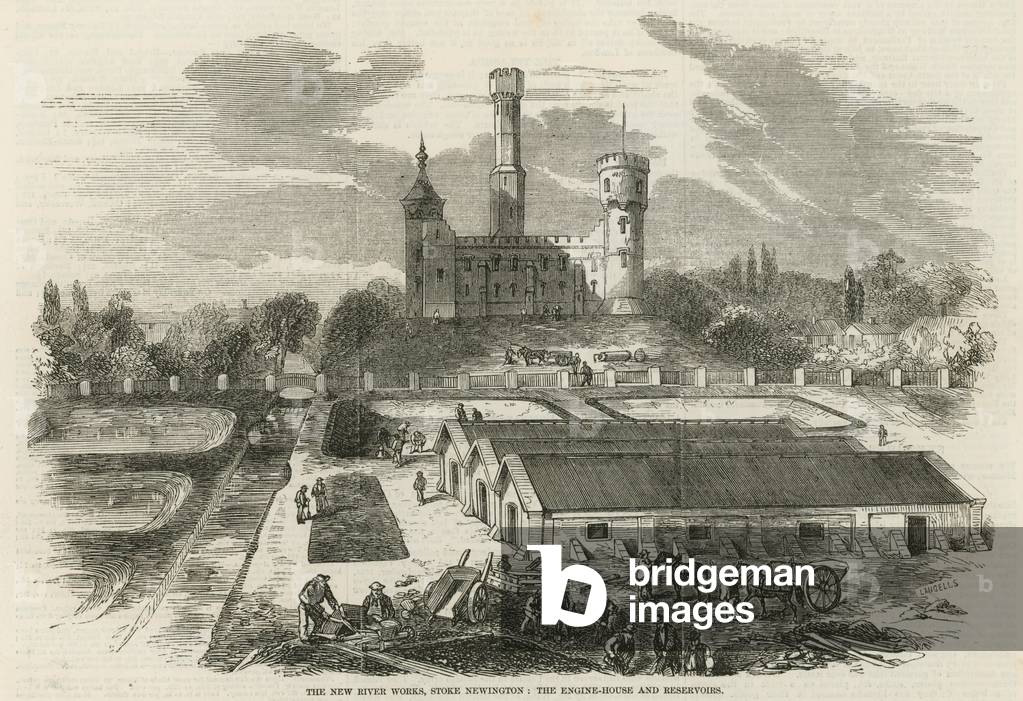 The new river works, Stoke Newington: The engine house and reservoirs (engraving)