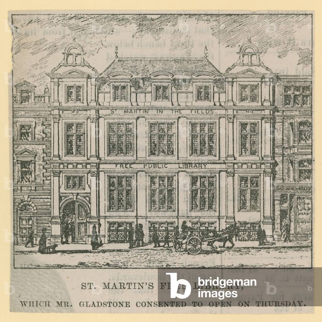 St Martin's Free Library, opened by Mr Gladstone (engraving)