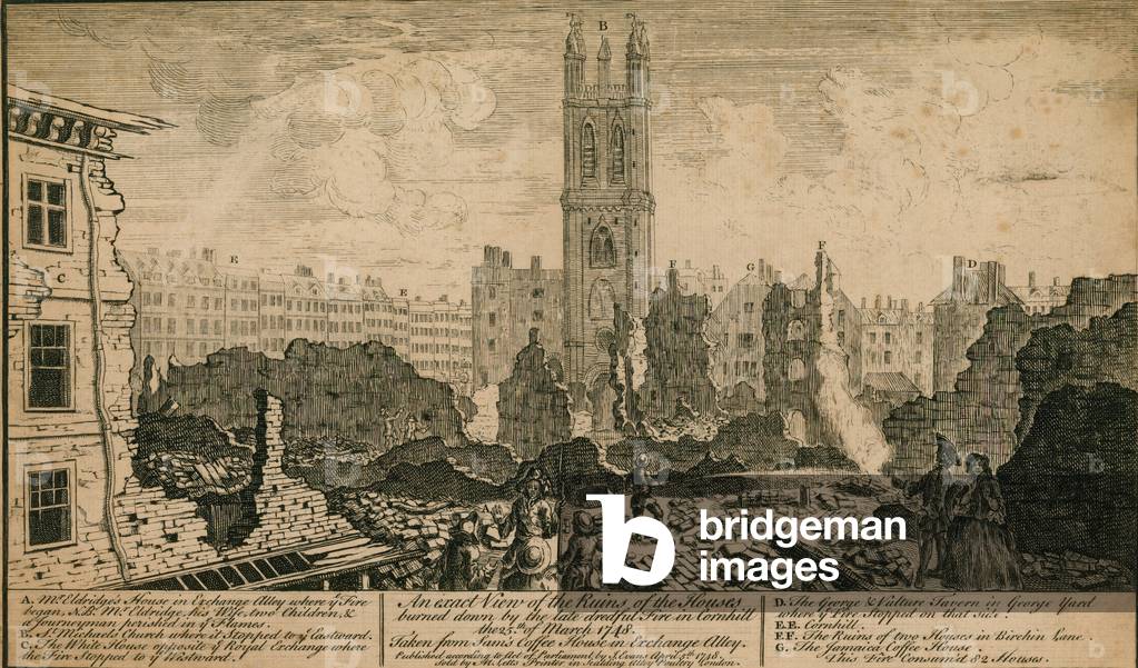 View of the ruins of the houses burned down by the fire in Cornhill, London, on 25 March 1748 (engraving)