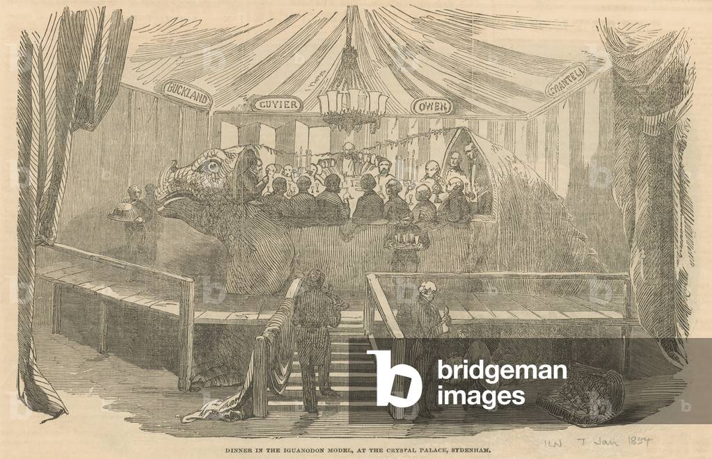 Dinner in the Iguanadon model, at the Crystal Palace, Sydenham (engraving)