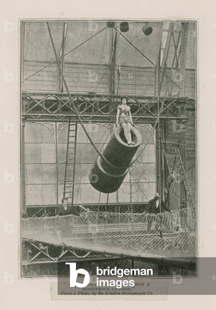 A beautiful lady shot from a monstrous cannon (engraving)