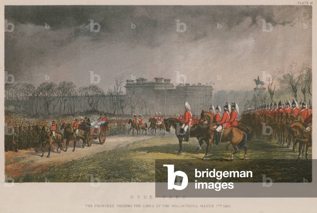 The princess passing the lines of volunteers, 7 March 1863 (coloured engraving)