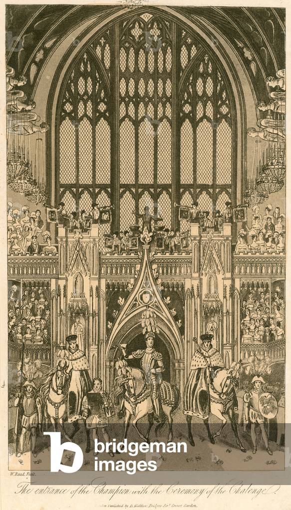 Coronation Banquet of King George IV at Westminster Hall, 17 July 1821; The entrance of the Champion with the Ceremony of the Challenge (engraving)