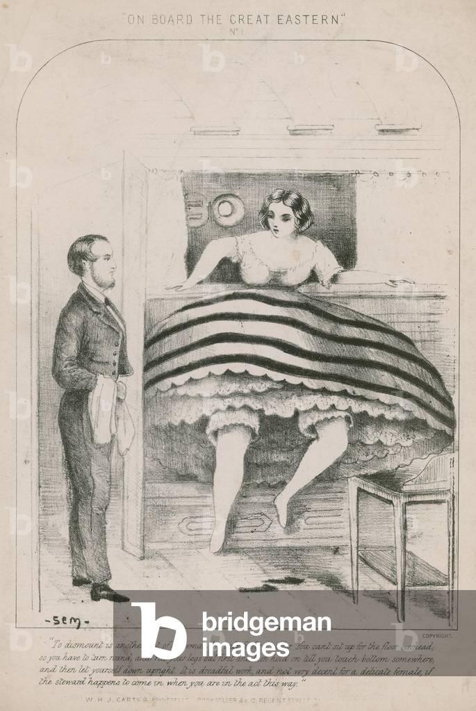 On board the Great Eastern; dismounting from a bunk bed (engraving)