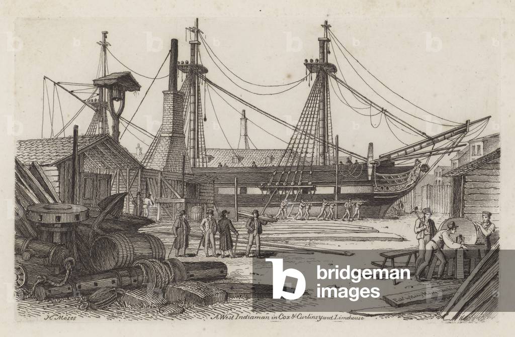 A West Indiaman in Cox and Curlins Yard, Limehouse (etching)
