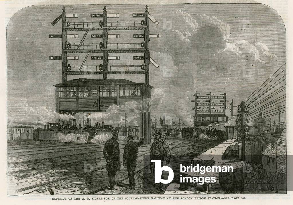 Exterior of the AB signal box of the South-Eastern Railway at the London Bridge Station (engraving)