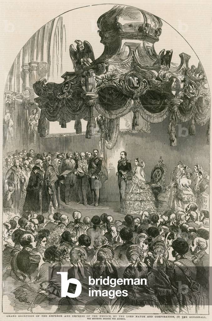 Grand reception of the Emperor and Empress of the French by the Lord Mayor and Corporation at the Guildhall, London (engraving)