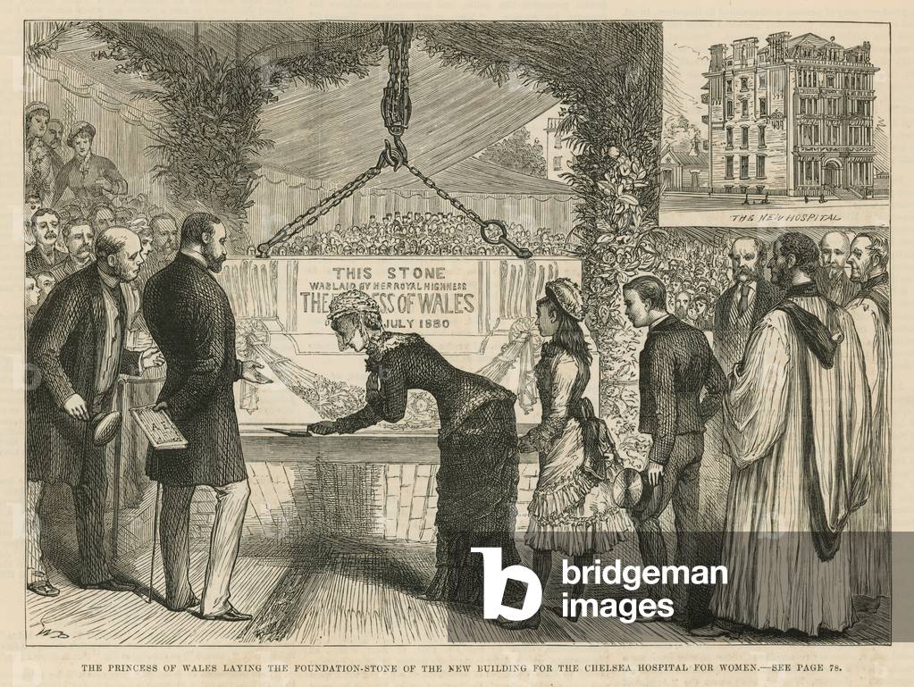 The Princess of Wales laying the foundation stone of the new building for the Chelsea Hospital for Women (engraving)
