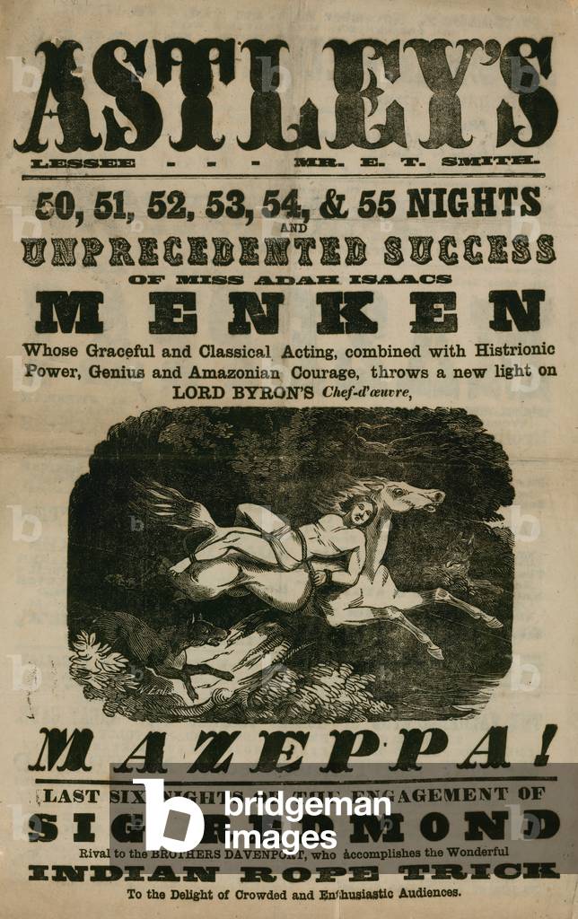 Advert for Astley's Amphitheatre, London, featuring Mazeppa, starring Adah Isaacs Menken (engraving)
