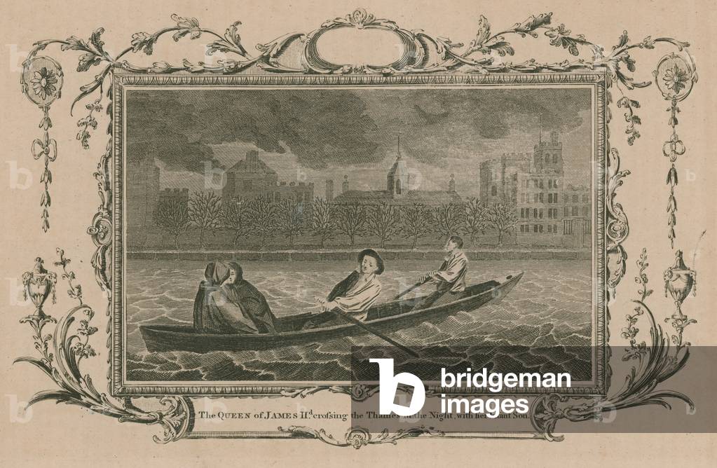 The Queen of King James II crossing the Thames in the night with her infant son (engraving)