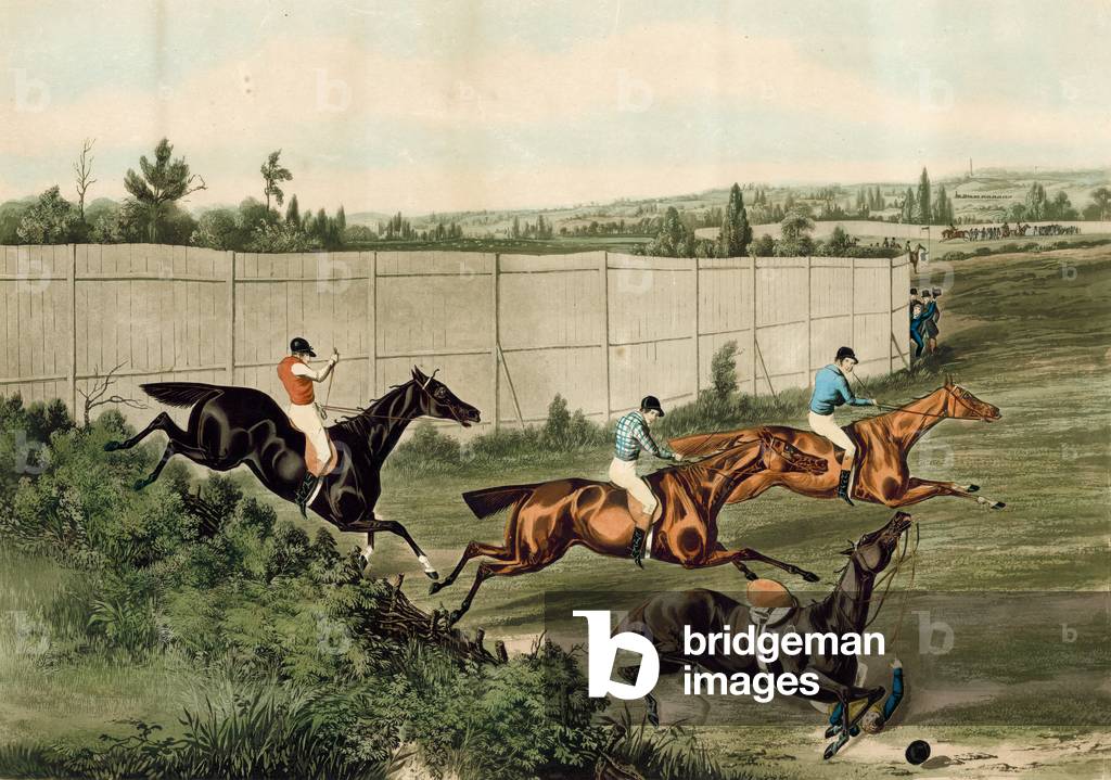The Last Fence, representing the last Steeplechase which took place at the Hippodrome Race Course, Kensington, London  (coloured engraving)