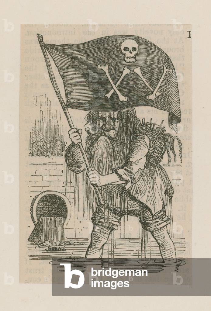 Father Thames waving a skull and crossbones (engraving)