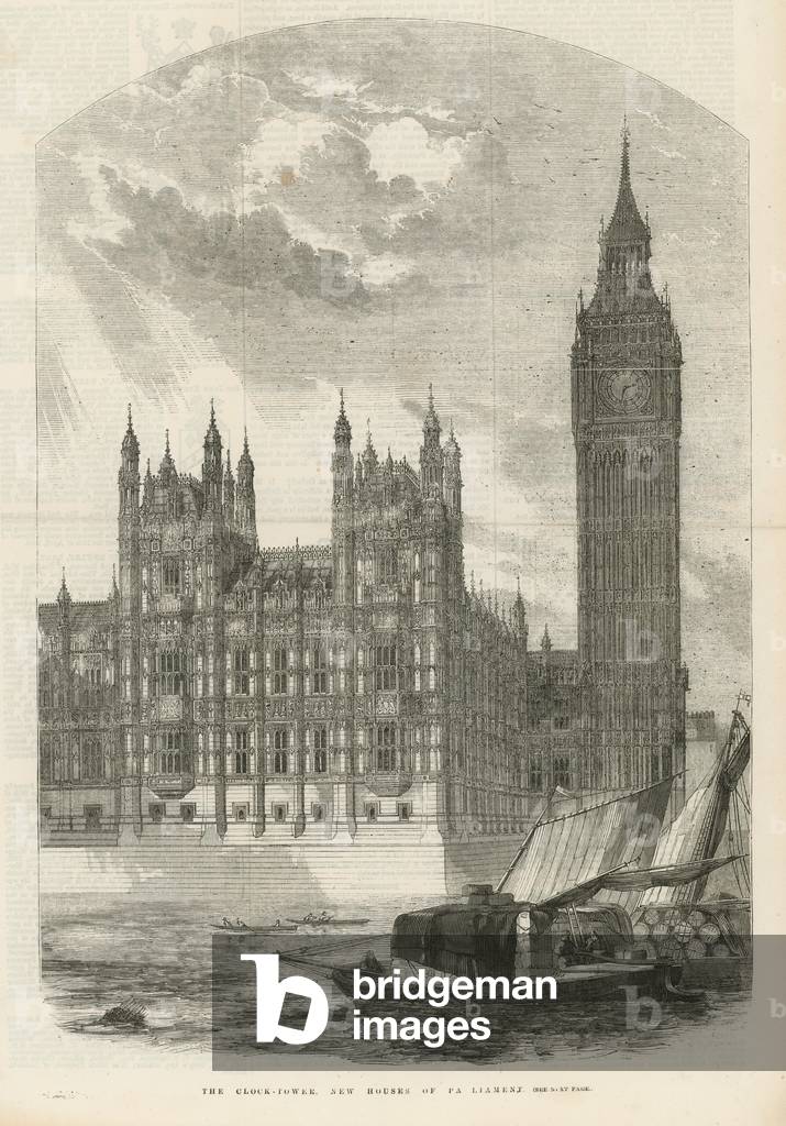 The clock tower at the new Houses of Parliament (engraving)