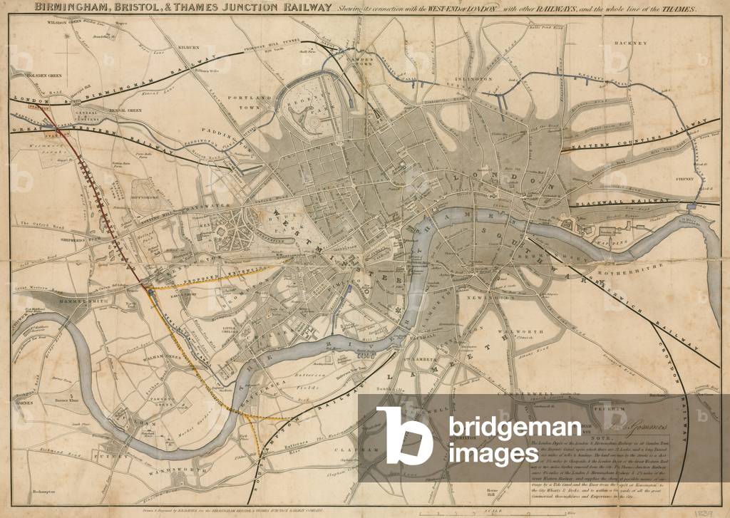 Map of London showing the Birmingham, Bristol, Thames Junction railway, 1839 (engraving)