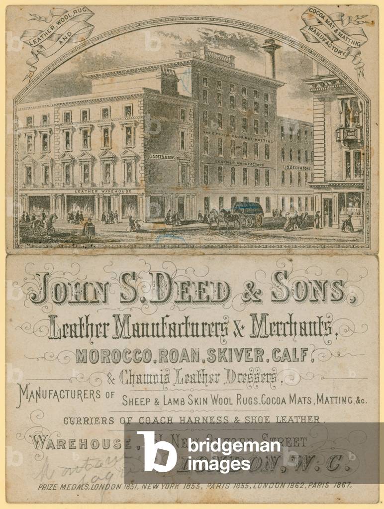 Advert for John S Deed & Sons, leather manufacturers and merchants, 451 New Oxford Street, London (engraving)