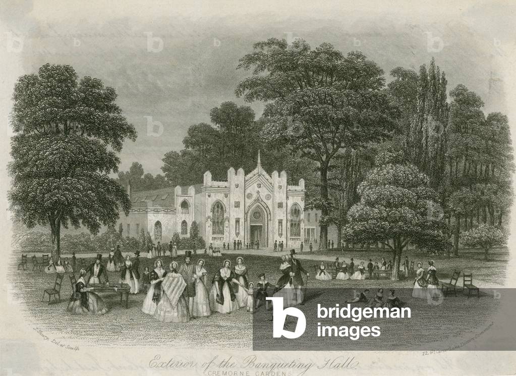Cremorne Gardens, London: exterior of the Banqueting Hall (engraving)