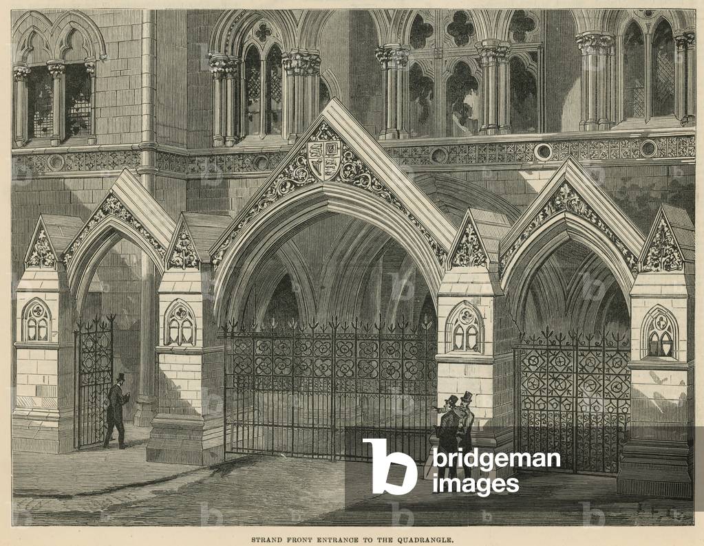 The Royal Courts of Justice: Strand front entrances to the quadrangle (engraving)