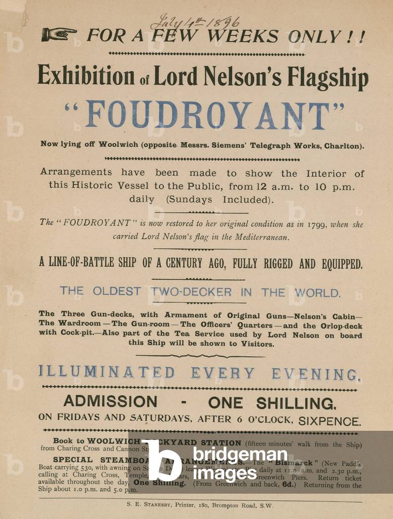 Advert for an exhibition of Lord Nelson's flagship Foudroyant (engraving)