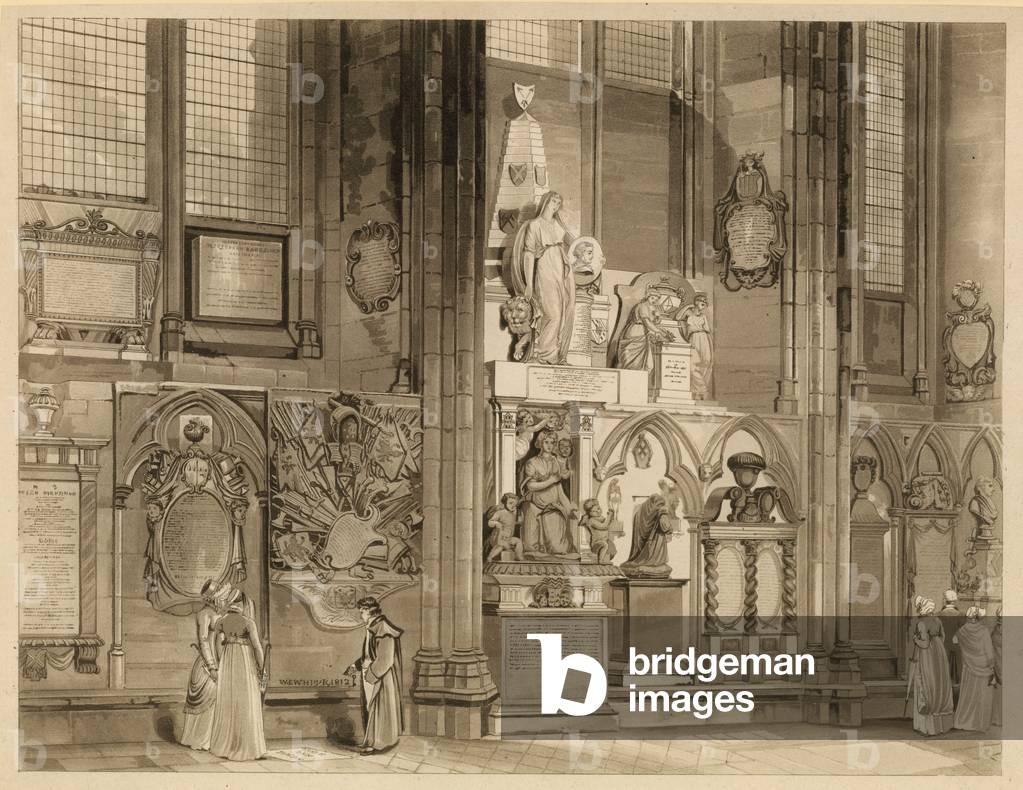 Memorials and statues in Westminster Abbey, London (engraving)
