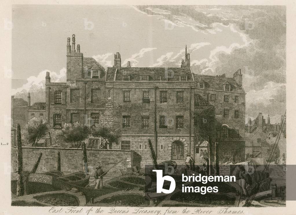East front of the Queen's Treasury, from the river Thames (engraving)