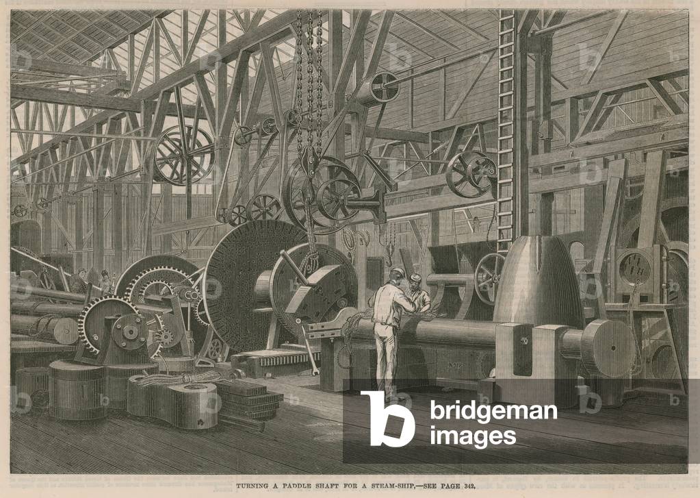 A visit to Penn's Marine Engine Factory at Greenwich, London; Turning a paddle shaft for a steam-ship (engraving)