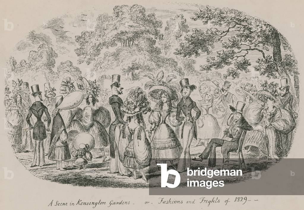 A scene in Kensington Gardens or Fashions and Frights of 1829 (engraving)