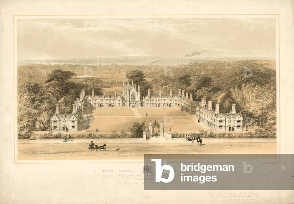 St Peter's Hospital founded 2 October 1618, as rebuilt by the Fishmongers Company at Wandsworth, Surrey (coloured engraving)