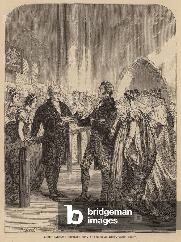 Queen Caroline repulsed from the door of Westminster Abbey (engraving)